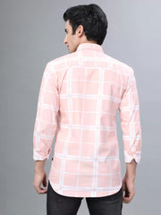 Pink and White Checks Printed Casual Full Sleeve Shirt For Men With Pocket